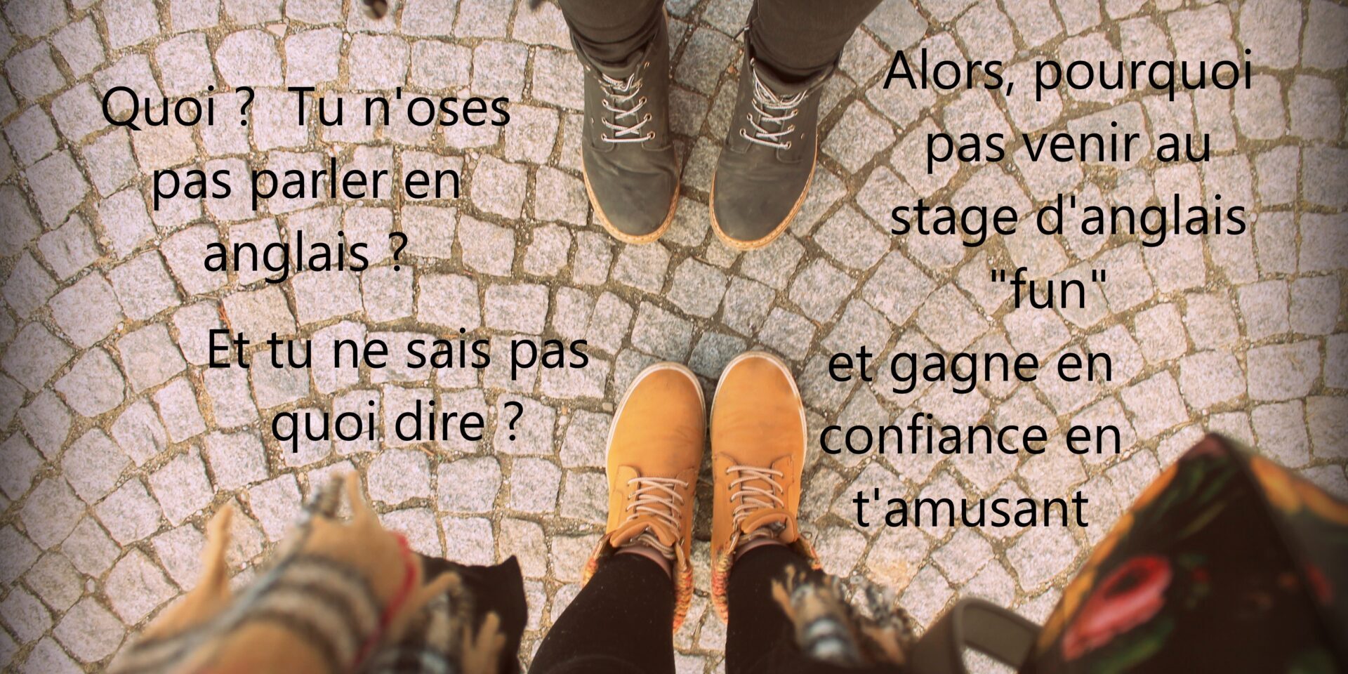 2 pairs of feet with text